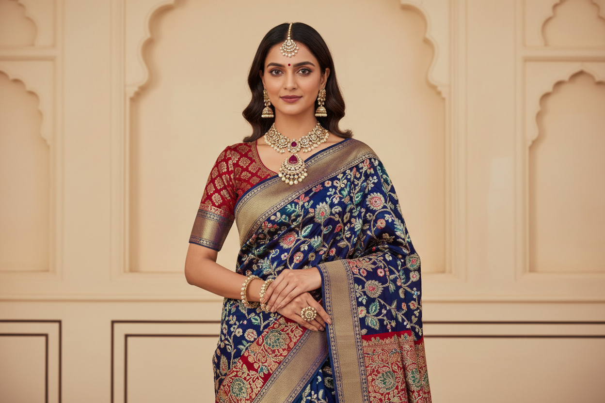 Woman wearing beautiful designer sarees and acccessories and flaunting the same