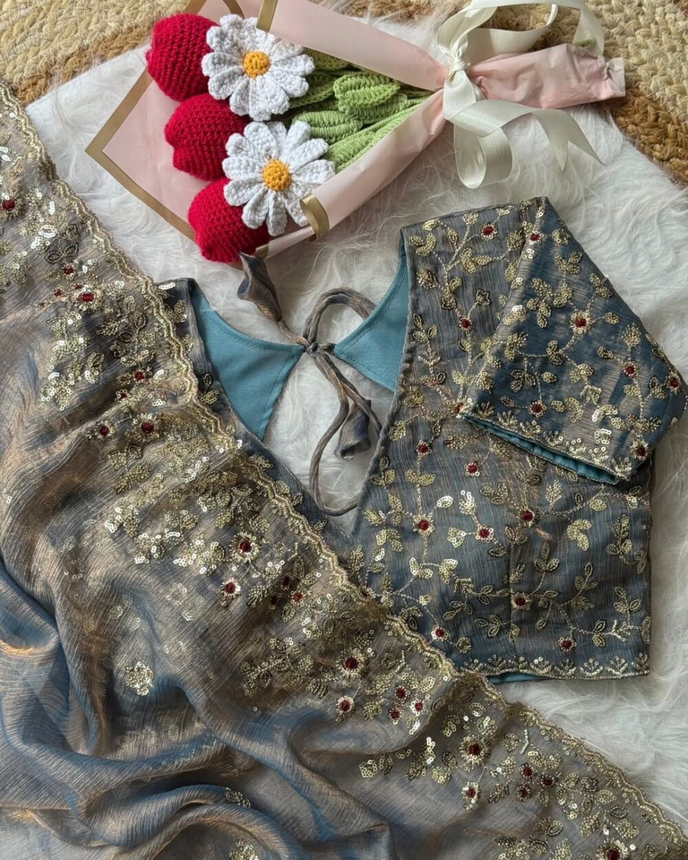 Embroidery Designer Saree with Stitched Blouse - Image 3